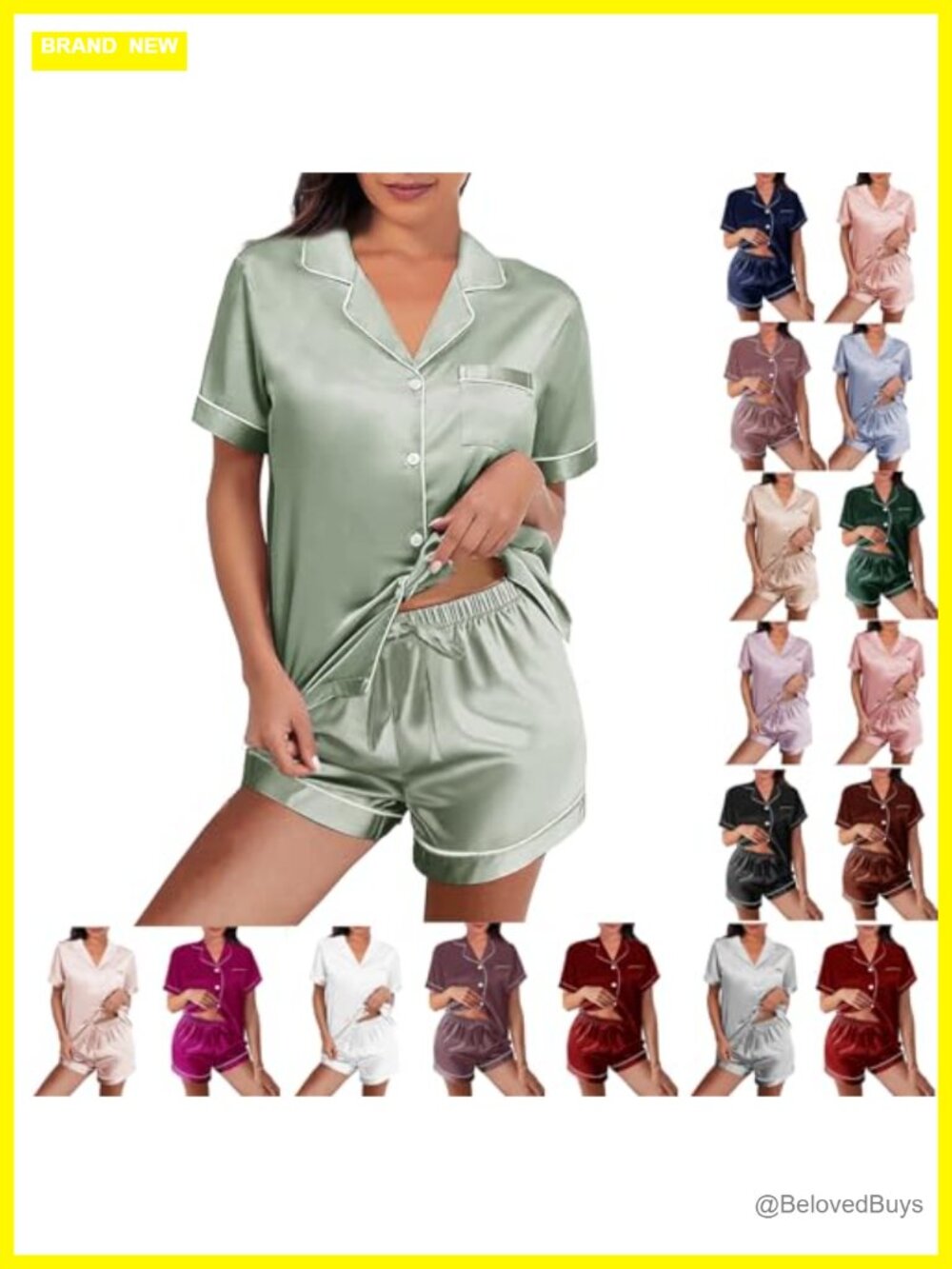 Womens Satin Pajama Set Button-Down Short Sleeve Sleepwear Loungewear